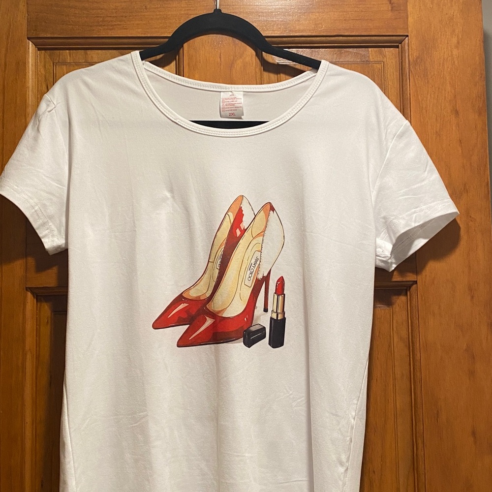 White T-Shirt with Red Heels Graphic Says Jimmy Choo